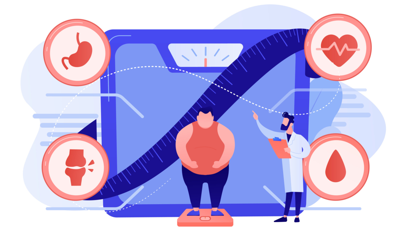 Tiny people, overweight man on scales and doctor showing obesity deseases. Obesity health problem, obesity main causes, overweight treatment concept. Pinkish coral bluevector isolated illustration