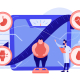 Tiny people, overweight man on scales and doctor showing obesity deseases. Obesity health problem, obesity main causes, overweight treatment concept. Pinkish coral bluevector isolated illustration