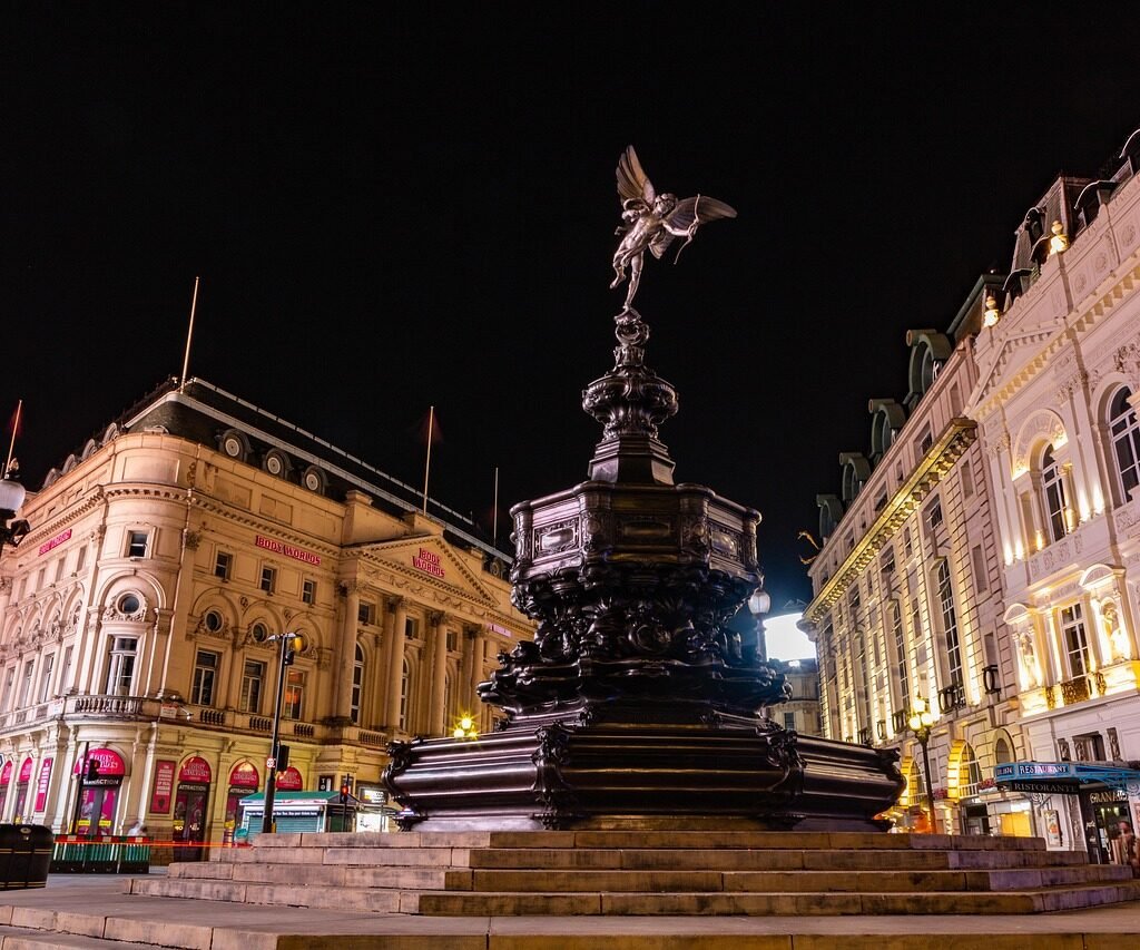 sculpture, monument, eros statue, arrow, landmark, london, piccadilly, city, england, britain, famous, night, urban, london, london, london, london, london