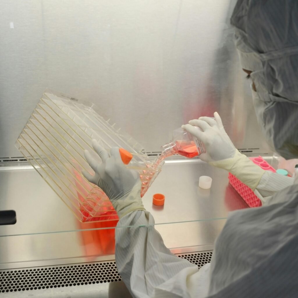 A scientist in full protective gear working in a laboratory on research with cell cultures.