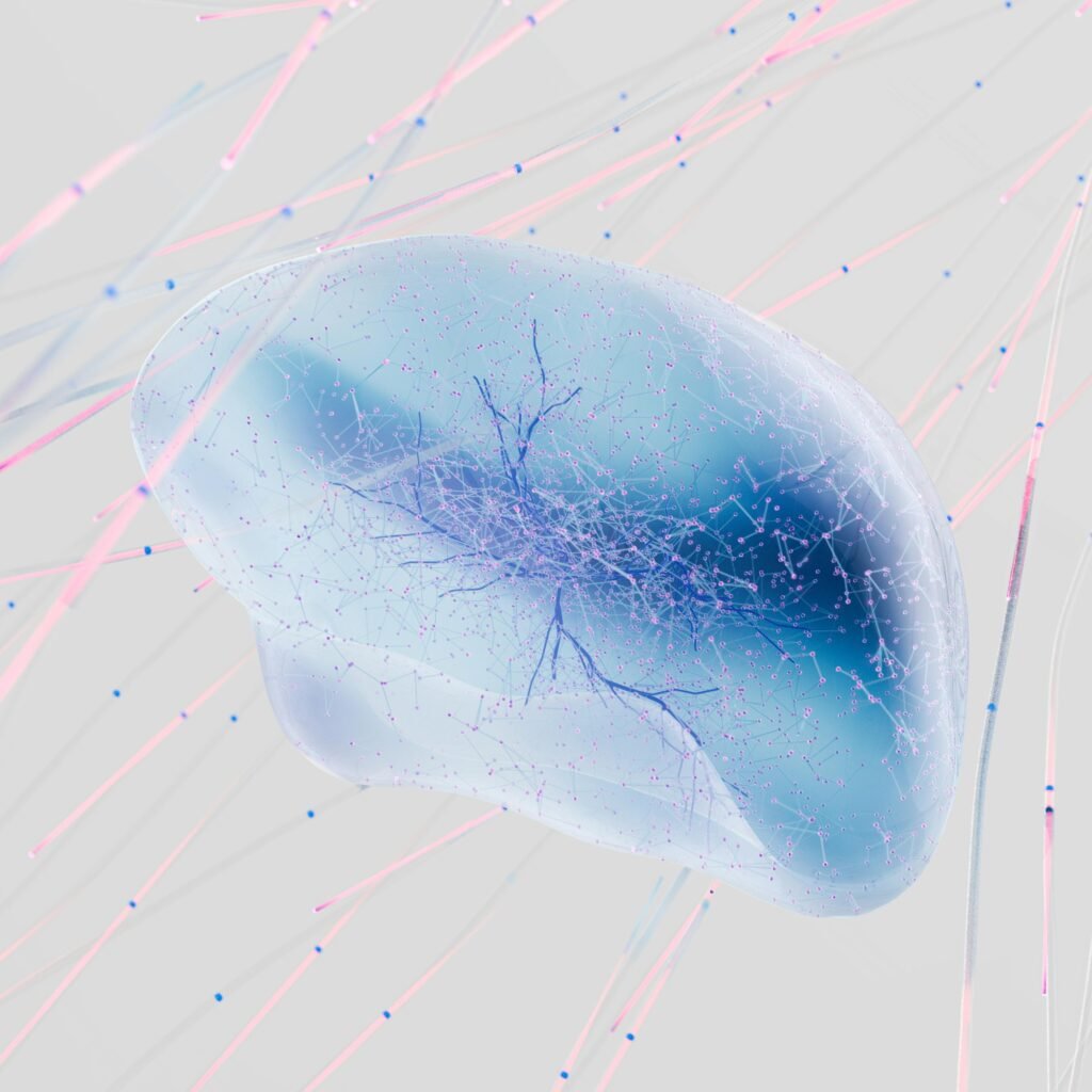 A 3D rendering of a neural network with abstract neuron connections in soft colors.