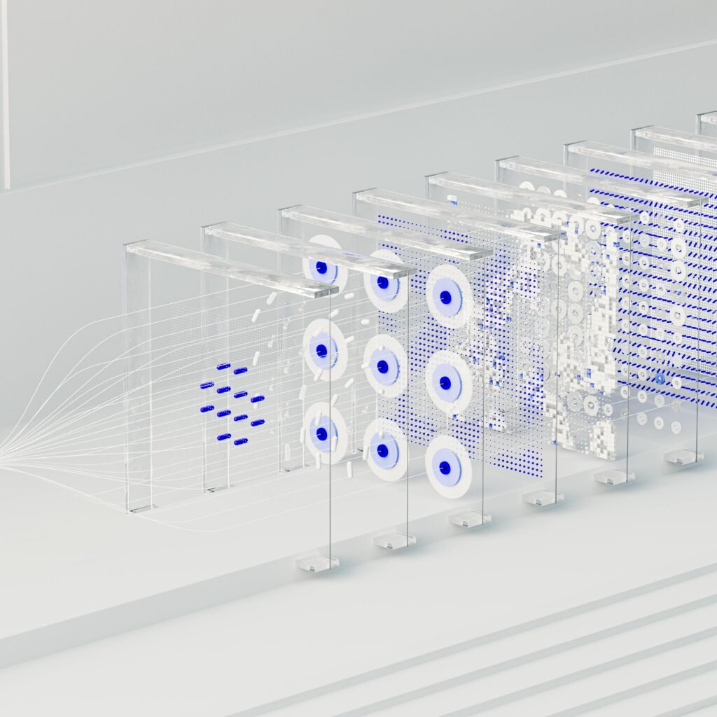 Visual abstraction of neural networks in AI technology, featuring data flow and algorithms.