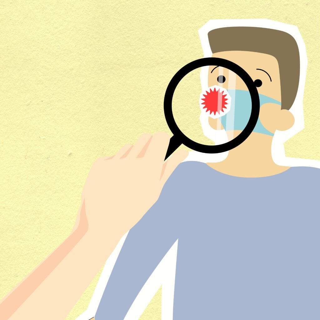 Decorative cardboard appliques of hand with magnifying glass above virus on mask of man during COVID 19 pandemic on yellow background