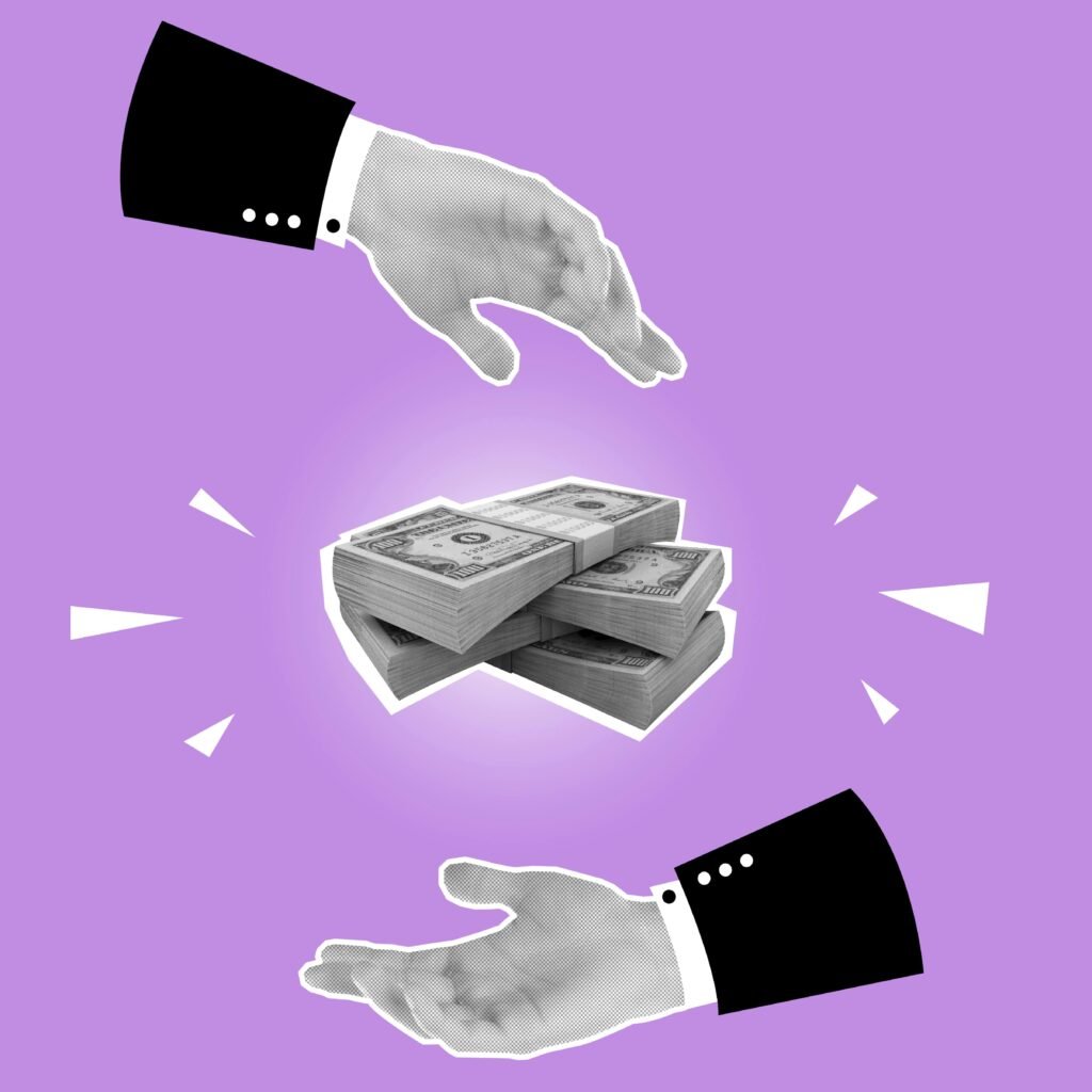 Decorative cardboard appliques representing piles of banknotes between hands of business partners on violet background