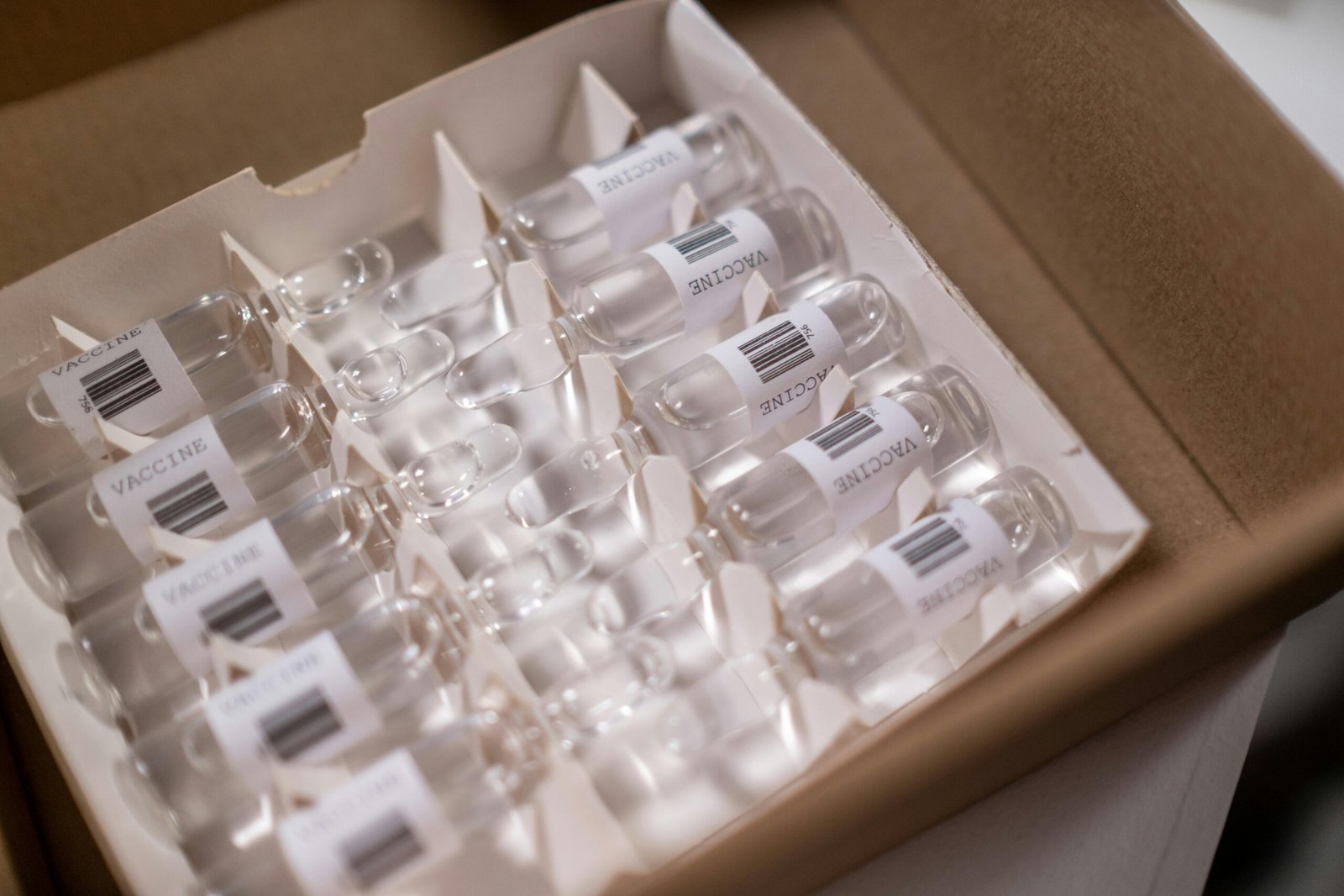 Box of COVID-19 vaccine vials ready for distribution. High-quality stock image for health-related content.