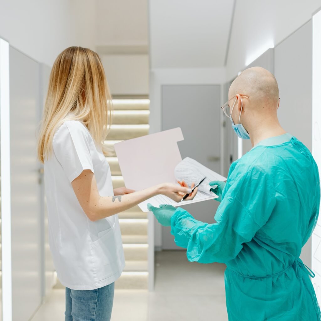 Doctors collaborating in a bright clinic, highlighting teamwork and healthcare.