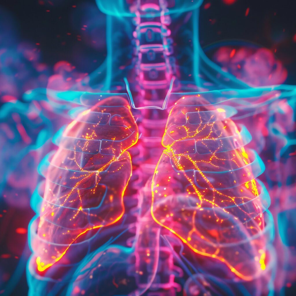 Illustration of inhaled nintedanib dry powder therapy targeting fibrotic lung tissue in idiopathic pulmonary fibrosis following positive Phase 1b INFLO-1 trial results.