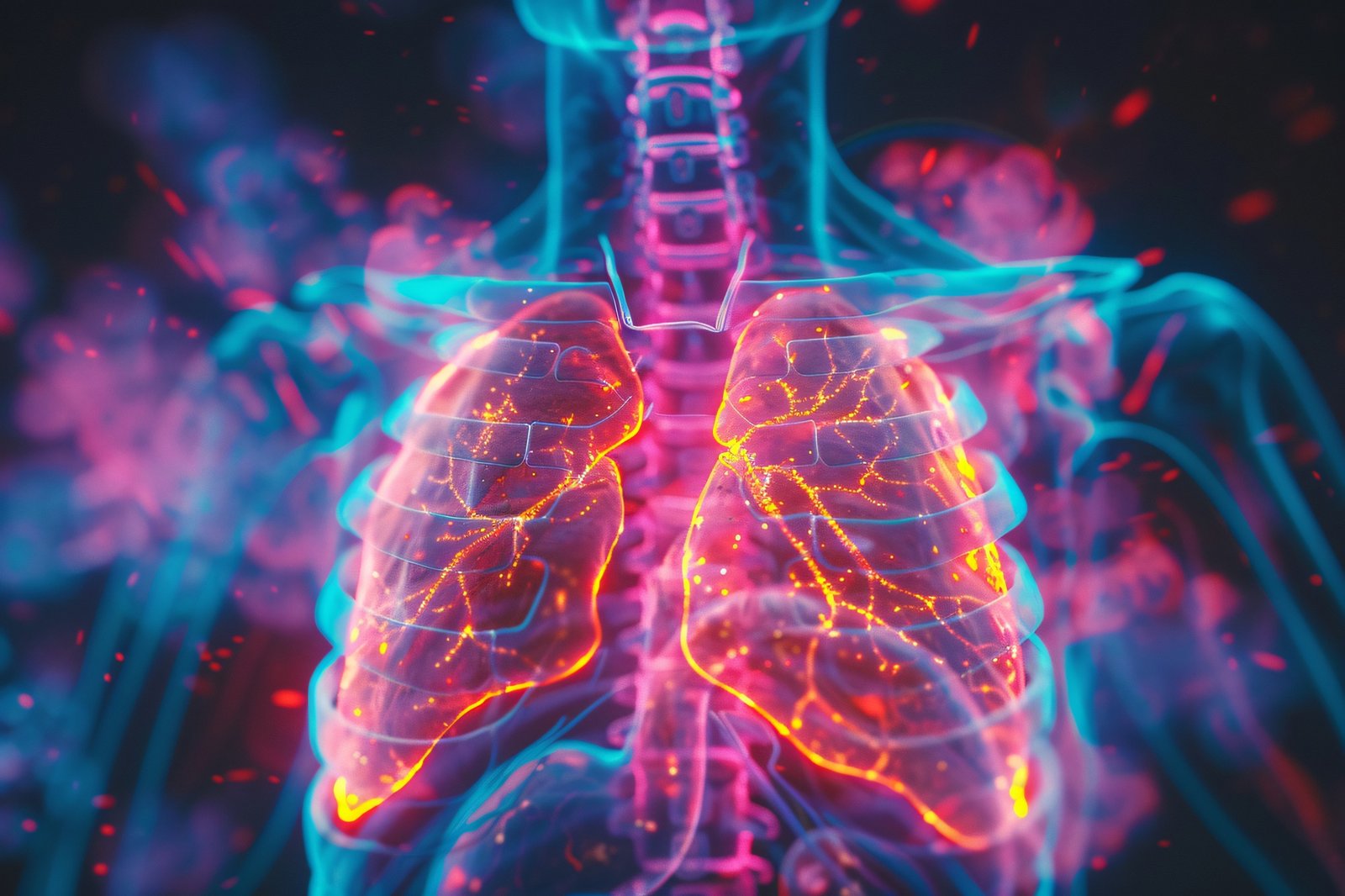 Illustration of inhaled nintedanib dry powder therapy targeting fibrotic lung tissue in idiopathic pulmonary fibrosis following positive Phase 1b INFLO-1 trial results.