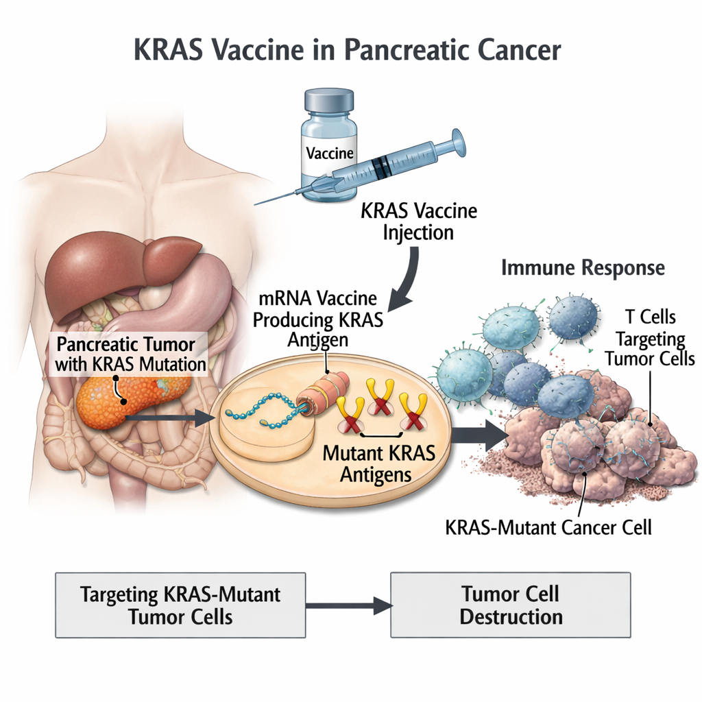 Illustration of an investigational KRAS-targeted long-peptide vaccine stimulating immune T-cell responses to prevent pancreatic cancer in high-risk individuals.