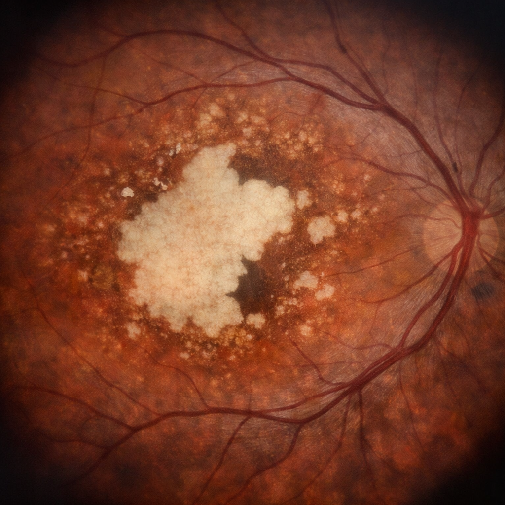 Illustration of K8 intravitreal implant slowing geographic atrophy progression in a Phase 2 clinical trial