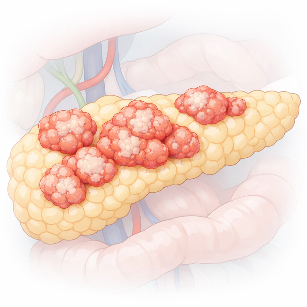 Illustration of Namodenoson oral therapy for advanced pancreatic ductal adenocarcinoma (PDAC) following positive Phase 2a clinical results accepted for presentation at ESMO Congress 2026.