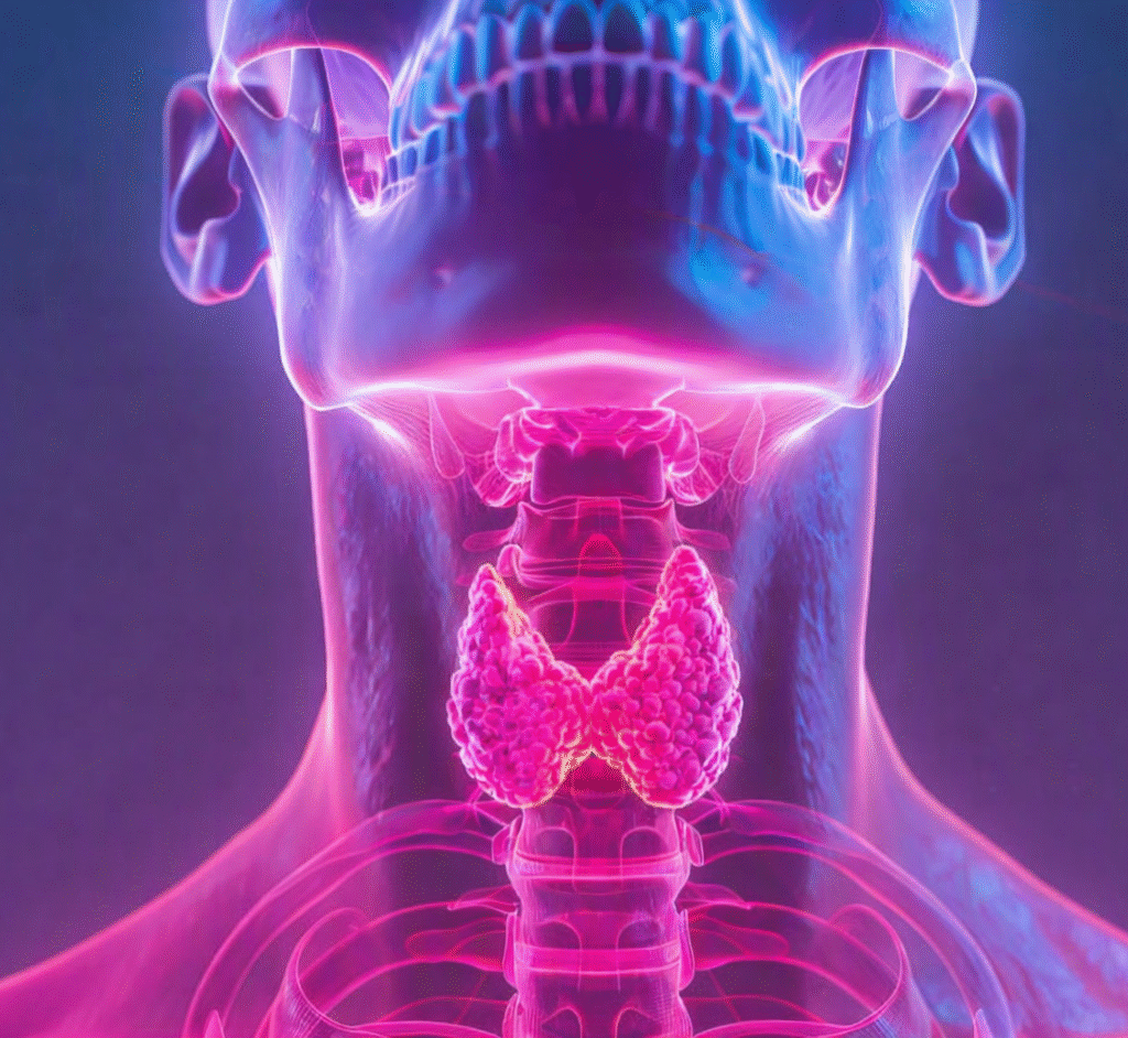 Illustration of TLX400-Tx FAP-targeted radiopharmaceutical therapy for advanced medullary thyroid carcinoma showing targeted radiation delivery to the tumor microenvironment.