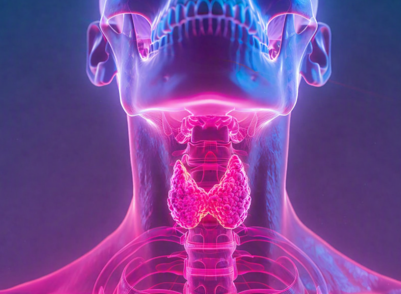 Illustration of TLX400-Tx FAP-targeted radiopharmaceutical therapy for advanced medullary thyroid carcinoma showing targeted radiation delivery to the tumor microenvironment.