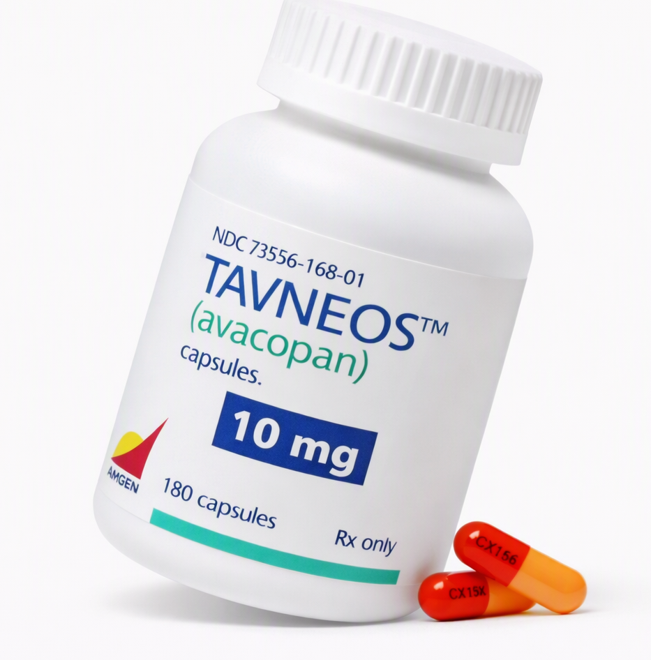 TAVNEOS avacopan 10mg medication bottle by Amgen used for severe active ANCA-associated vasculitis treatment
