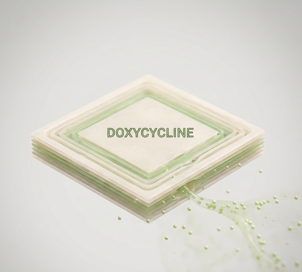 Illustration of D-PLEX100 local doxycycline delivery using the Kynatrix platform for preventing surgical site infections after abdominal colorectal surgery following FDA Priority Review.