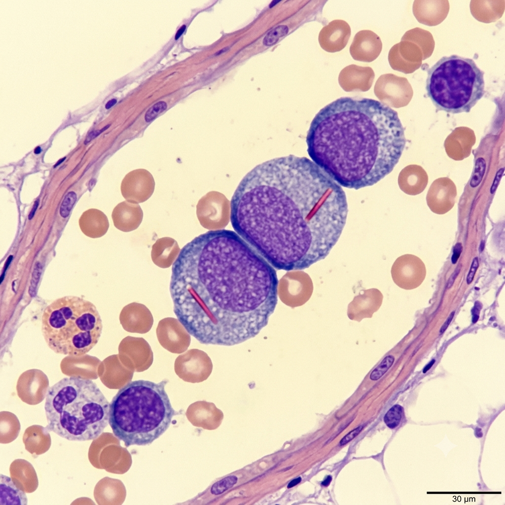 Illustration of iadademstat combined with azacitidine and venetoclax demonstrating positive Phase Ib ALICE-2 trial results in newly diagnosed acute myeloid leukemia presented at EHA 2026.