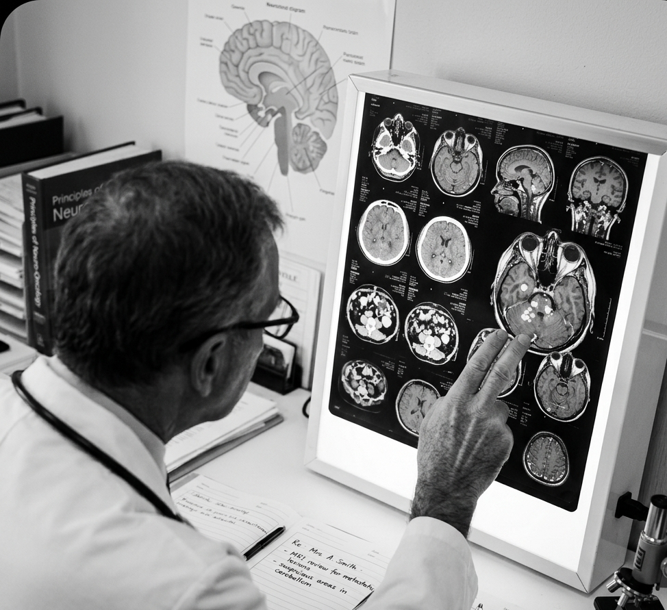 Representative PET-MRI brain scan illustrating RAD101 PET imaging for detecting recurrent brain metastases after stereotactic radiosurgery in the Phase 2b clinical trial.