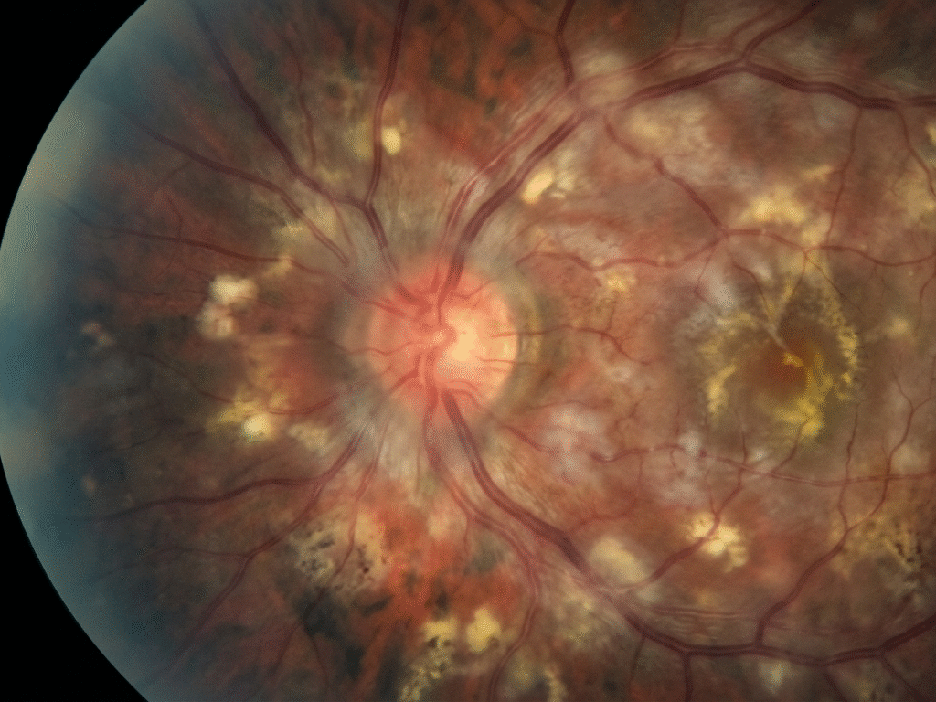 Ophthalmologist reviewing retinal OCT scan representing ILUVIEN Phase 4 SYNCHRONICITY trial results in chronic non-infectious posterior uveitis.