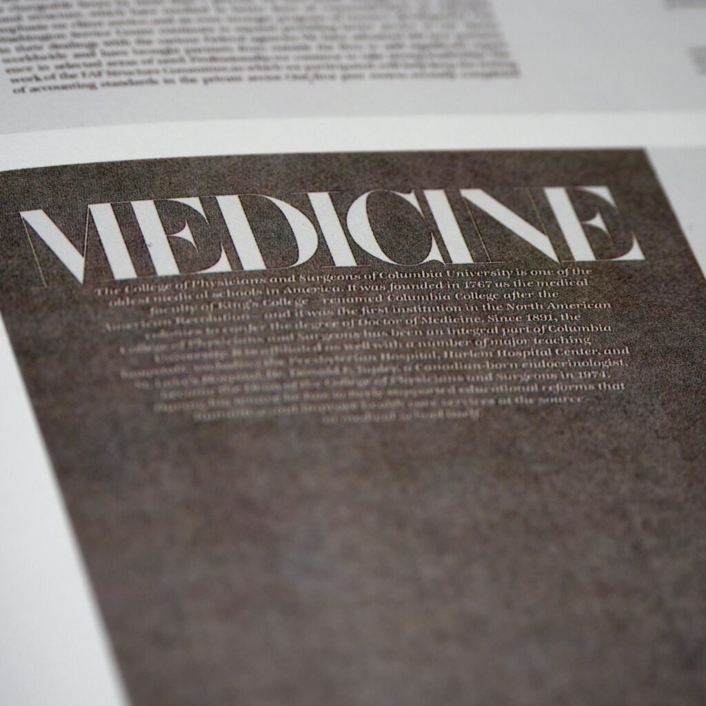 Detailed view of a printed page with the title 'Medicine'.