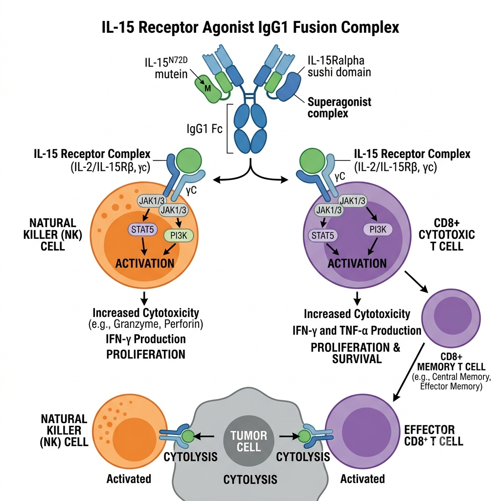 Illustration of ANKTIVA's mechanism of action demonstrating IL-15 receptor agonism, activation of JAK1/3-STAT5 and PI3K signaling pathways, immune cell proliferation, and anti-tumor cytotoxicity.