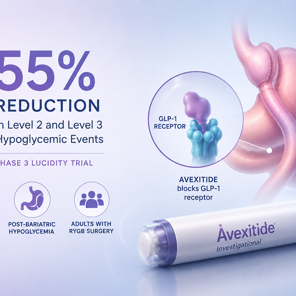 Avexitide reduced Level 2 and Level 3 hypoglycemic events by 55% in the Phase 3 LUCIDITY trial for post-bariatric hypoglycemia