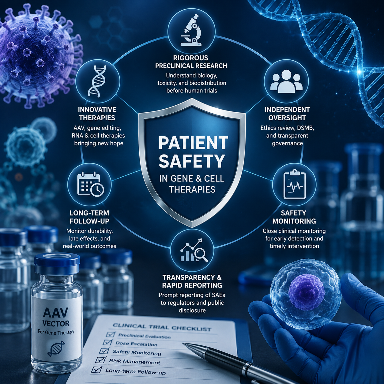Conceptual illustration of gene and cell therapy safety, AAV vector toxicity, clinical trial oversight and post-marketing pharmacovigilance