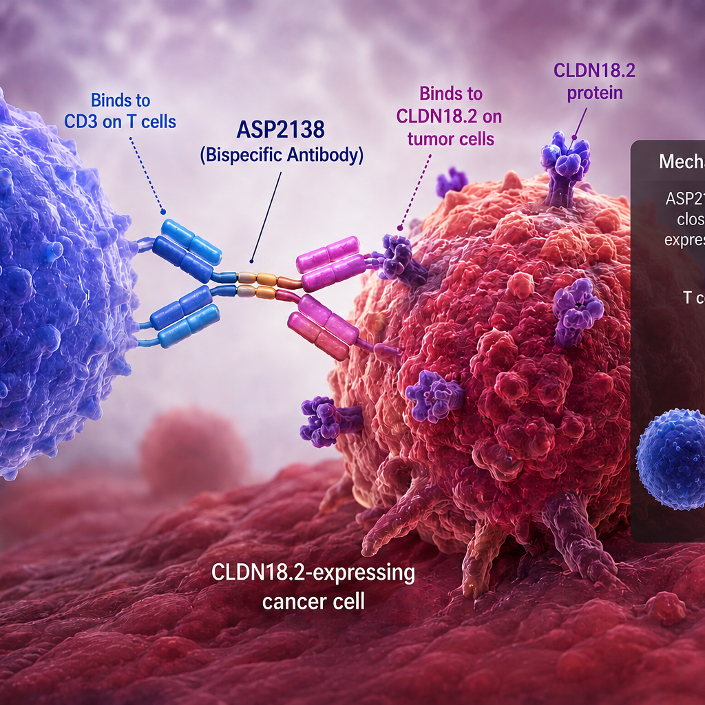 Illustration of ASP2138 bispecific antibody linking a CD3-positive T cell to a CLDN18.2-expressing cancer cell