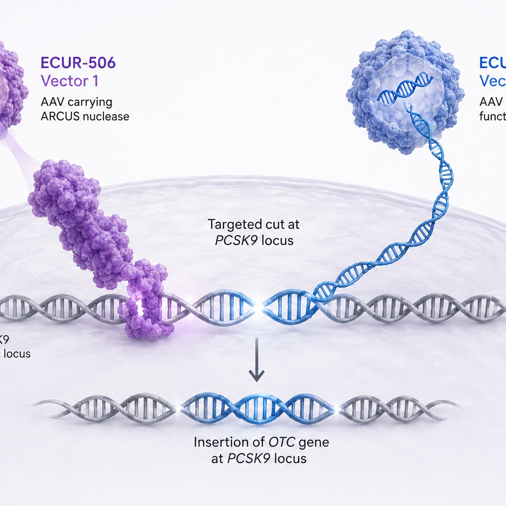 ECUR-506 gene-editing therapy uses two AAV vectors to insert a functional OTC gene into the PCSK9 locus in liver cells