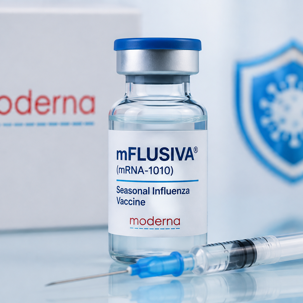 Moderna's mFLUSIVA (mRNA-1010), the first FDA-approved mRNA-based seasonal influenza vaccine for adults aged 50 years and older.