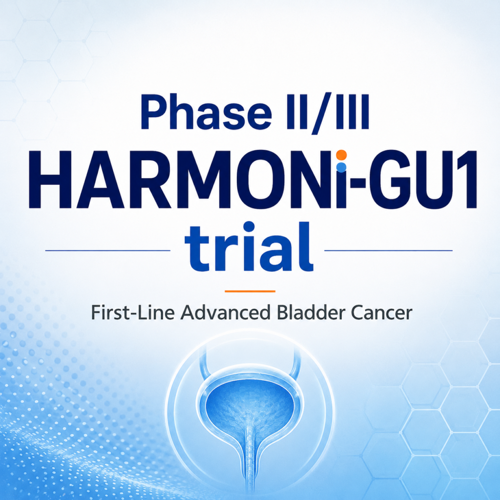 Illustration of the Phase II/III HARMONi-GU1 clinical trial evaluating ivonescimab plus enfortumab vedotin versus pembrolizumab plus enfortumab vedotin as first-line treatment for previously untreated locally advanced or metastatic urothelial carcinoma.