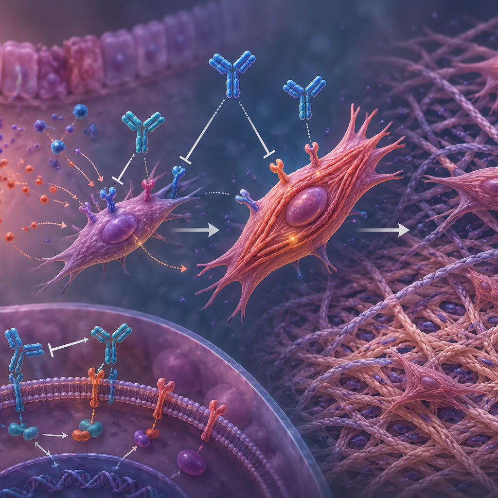 Illustration of antibody therapeutics targeting activated myofibroblasts in fibro-inflammatory diseases under the Ono Pharmaceutical and Mediar Therapeutics research collaboration.