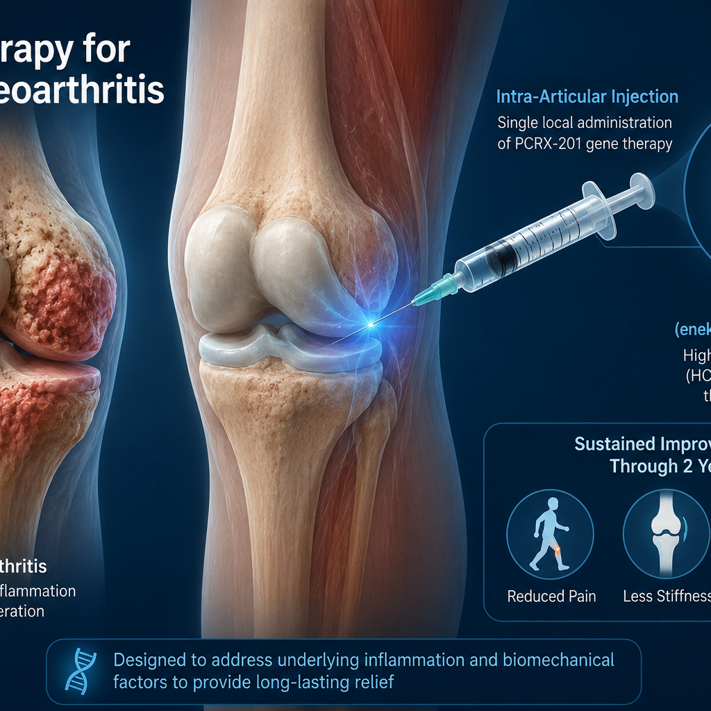 Illustration of PCRX-201 gene therapy administered by intra-articular injection into the knee for osteoarthritis, highlighting sustained clinical improvement through two years in the Phase 1 trial.