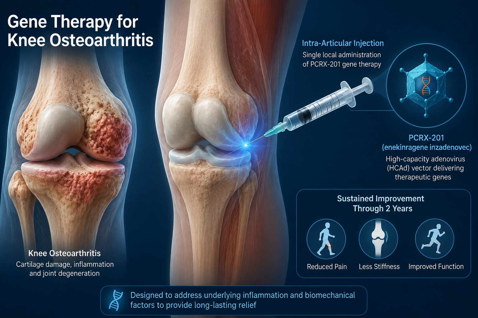 Illustration of PCRX-201 gene therapy administered by intra-articular injection into the knee for osteoarthritis, highlighting sustained clinical improvement through two years in the Phase 1 trial.