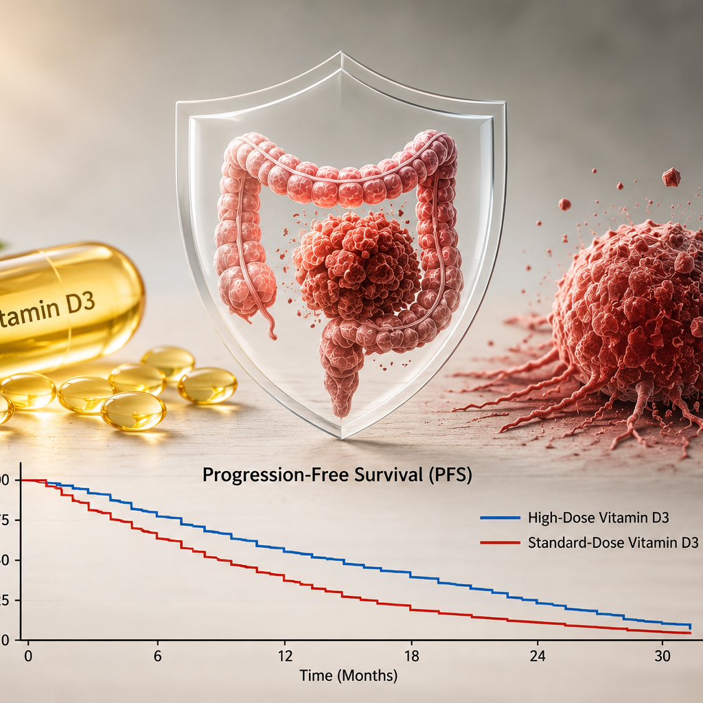 The Phase 3 SOLARIS trial found high-dose vitamin D3 did not improve progression-free survival versus standard-dose vitamin D3 in metastatic colorectal cancer.
