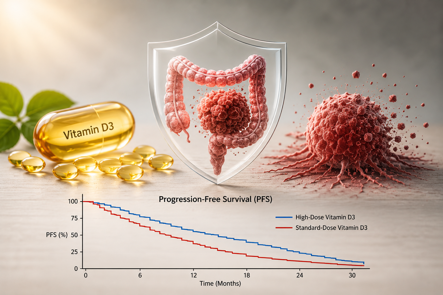 The Phase 3 SOLARIS trial found high-dose vitamin D3 did not improve progression-free survival versus standard-dose vitamin D3 in metastatic colorectal cancer.
