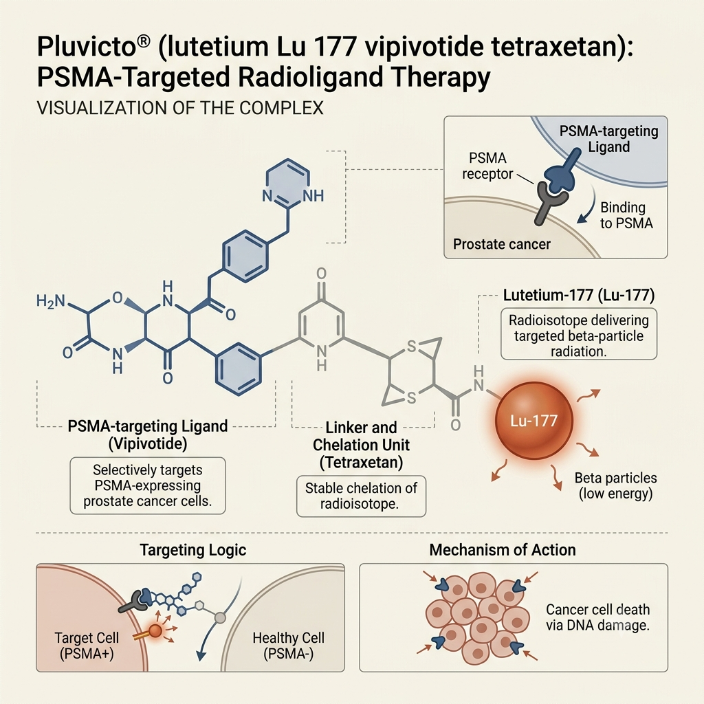Illustration of Pluvicto (lutetium Lu 177 vipivotide tetraxetan) targeting PSMA-positive metastatic hormone-sensitive prostate cancer following FDA approval based on the Phase III PSMAddition trial.