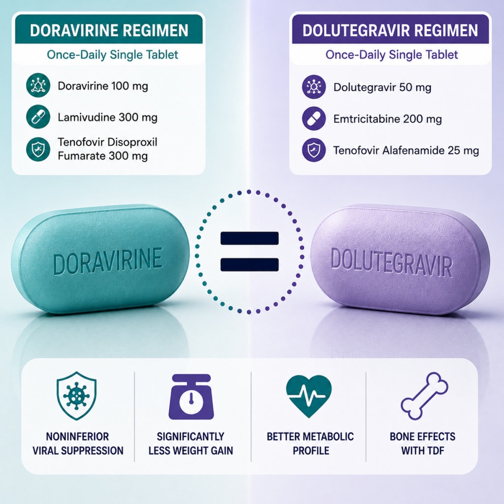 Illustration showing doravirine, lamivudine, and tenofovir disoproxil fumarate compared with dolutegravir, emtricitabine, and tenofovir alafenamide in the Phase 3 Opti-DOR trial, highlighting comparable HIV viral suppression with reduced treatment-associated weight gain.