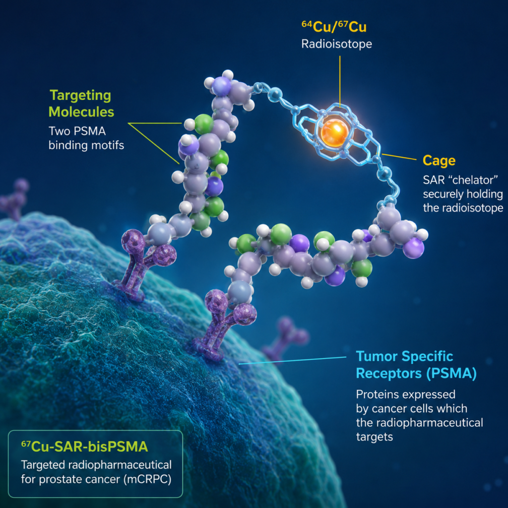 Illustration of targeted copper theranostic 67Cu-SAR-bisPSMA treating PSMA-expressing metastatic castration-resistant prostate cancer, highlighting tumor targeting and radiopharmaceutical therapy.