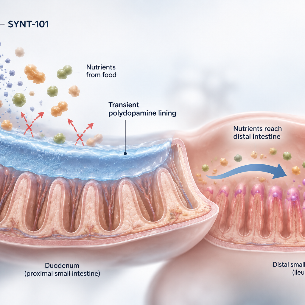 SYNT-101 oral obesity therapy showing local intestinal action and multi-hormonal satiety response