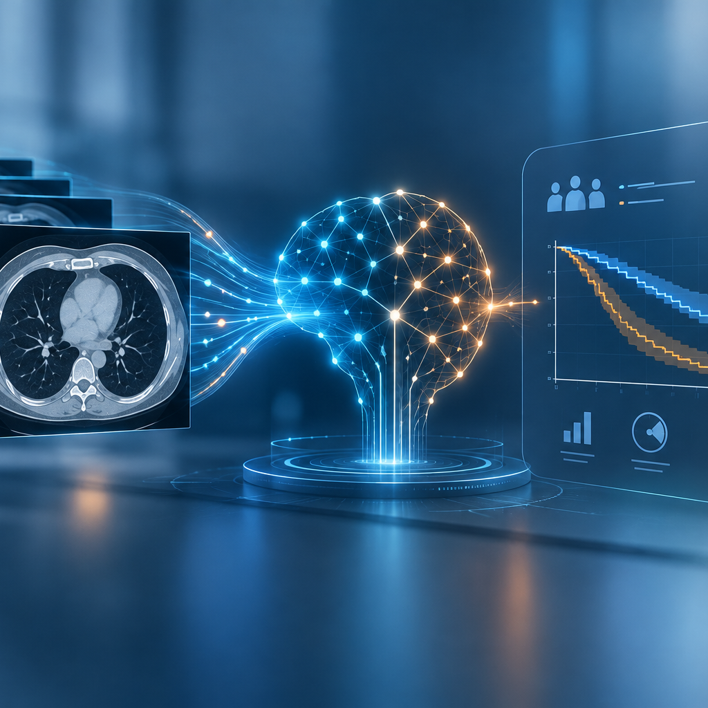 Futuristic medical AI visualization showing radiology imaging analyzed by artificial intelligence for oncology outcome prediction