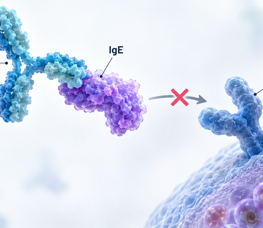 CUE-221 anti-IgE antibody blocking IgE binding to FcεRI in chronic spontaneous urticaria
