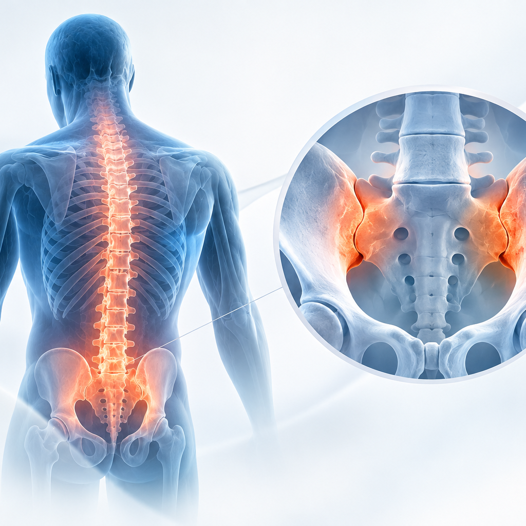 Medical illustration and clinical data visualization of TREMFYA (guselkumab) treatment showing reduced spinal inflammation in psoriatic arthritis.