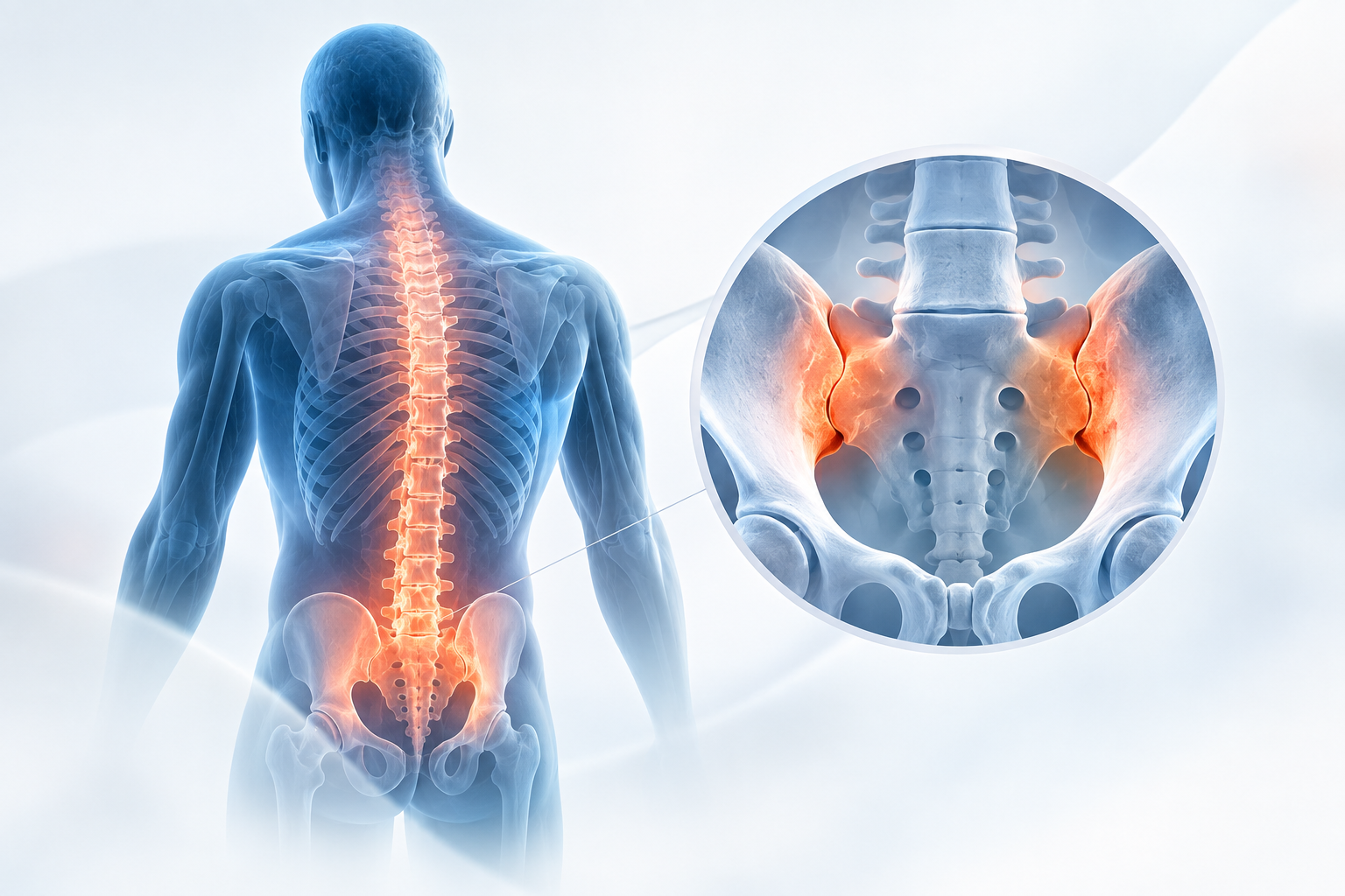 Medical illustration and clinical data visualization of TREMFYA (guselkumab) treatment showing reduced spinal inflammation in psoriatic arthritis.