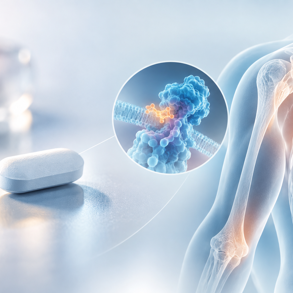 3D illustration of zilurgisertib Atebrioz mechanism of action inhibiting ALK2 receptor to prevent heterotopic ossification in FOP