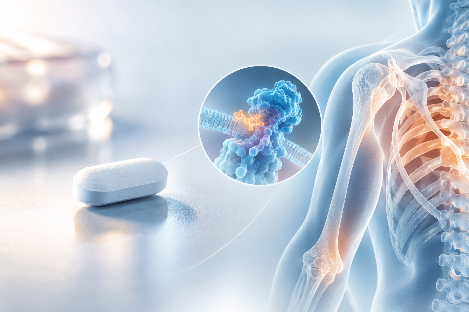 3D illustration of zilurgisertib Atebrioz mechanism of action inhibiting ALK2 receptor to prevent heterotopic ossification in FOP