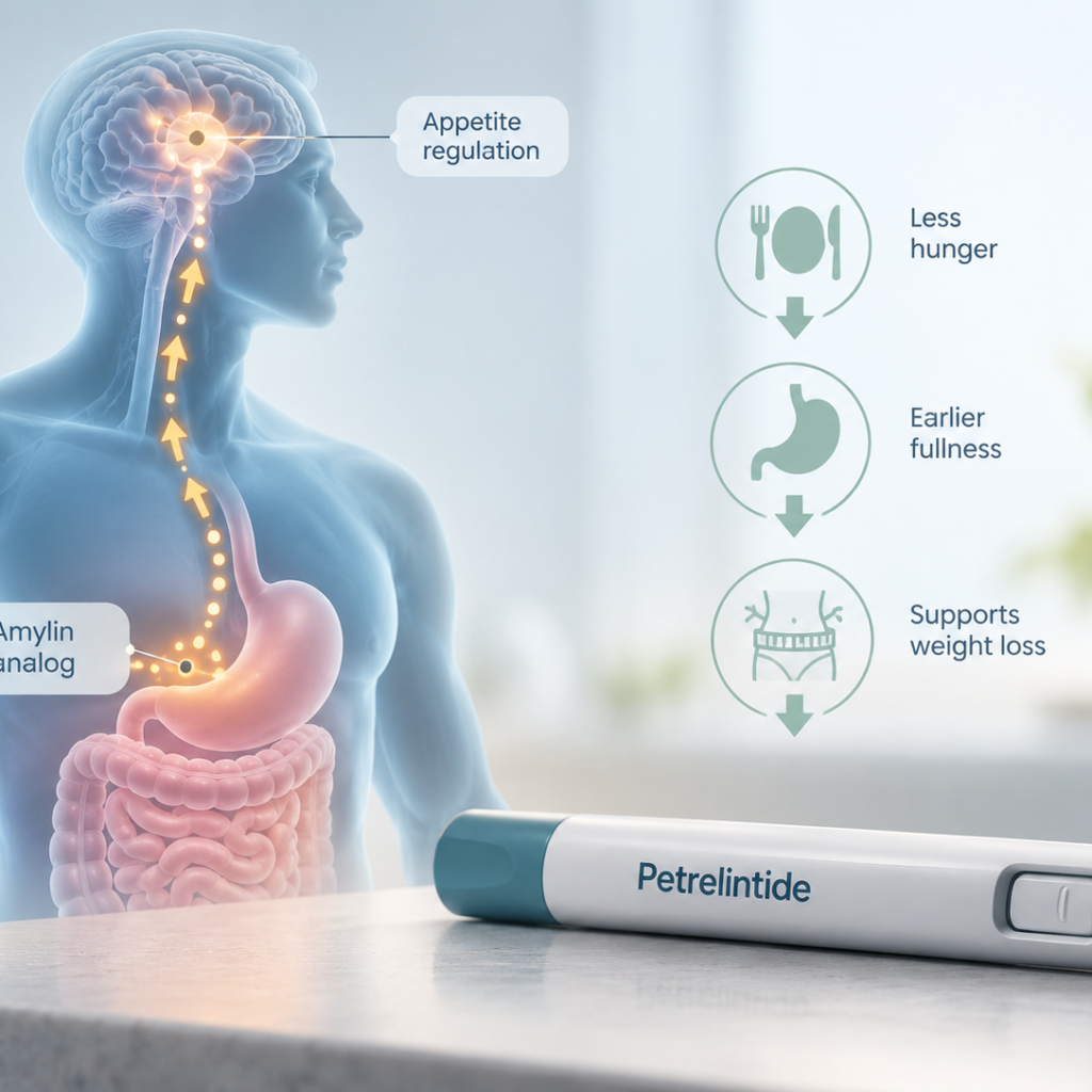 3D visual representation of petrelintide mechanism as an amylin receptor agonist regulating satiety and cardiometabolic markers.