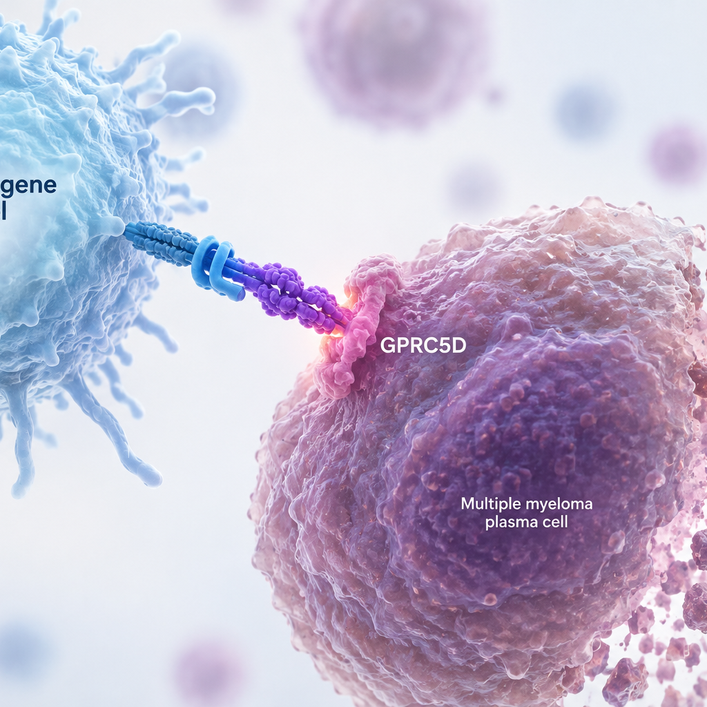 Medical laboratory technician handling a vial of chimeric antigen receptor (CAR) T-cell therapy representing Bristol Myers Squibb's arlocabtagene autoleucel (arlo-cel) trial for relapsed and refractory multiple myeloma.