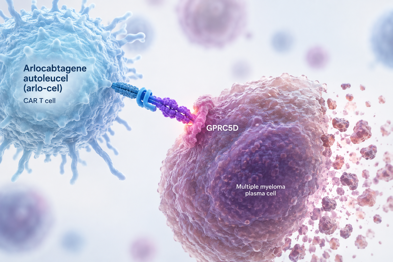 Medical laboratory technician handling a vial of chimeric antigen receptor (CAR) T-cell therapy representing Bristol Myers Squibb's arlocabtagene autoleucel (arlo-cel) trial for relapsed and refractory multiple myeloma.