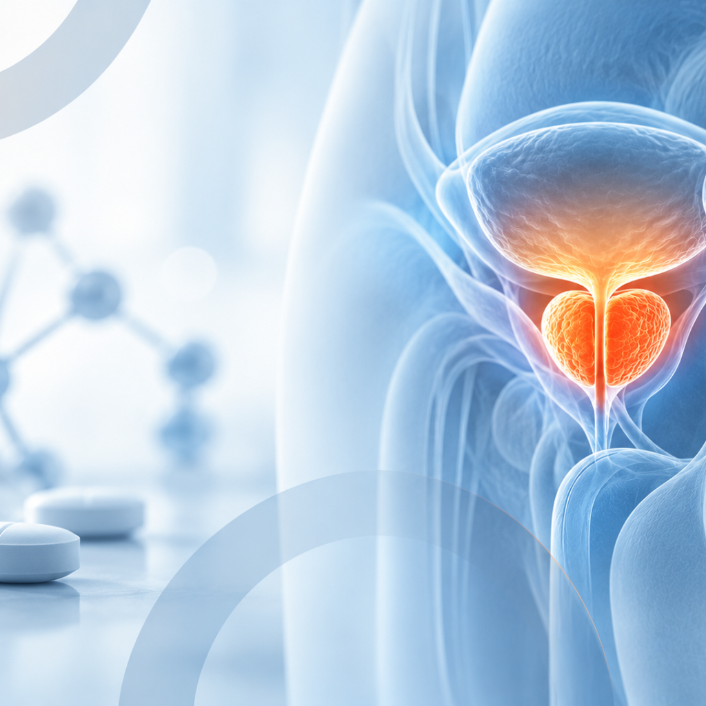 Medical illustration of prostate cancer treatment research evaluating apalutamide plus androgen deprivation therapy before and after prostate surgery.