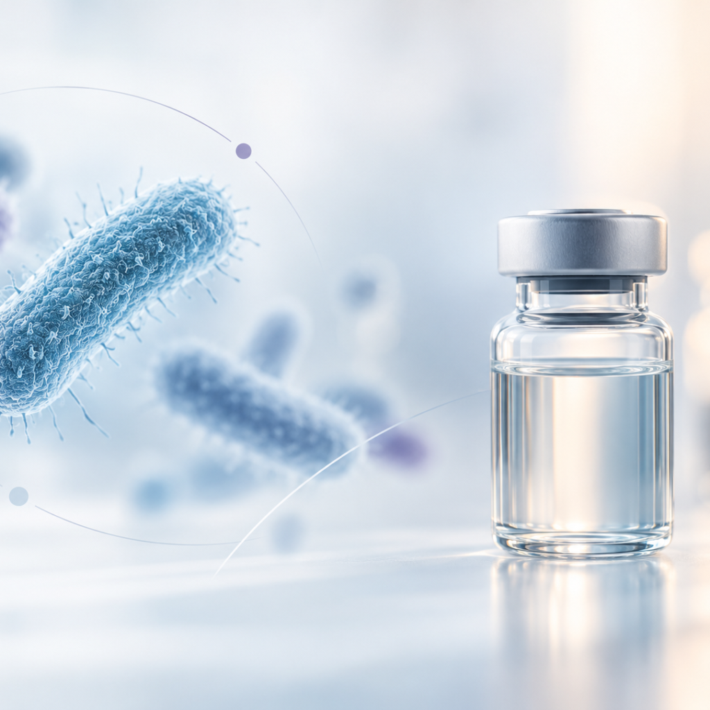 Cefiderocol antibiotic vial alongside a microscopic visualization of bacteria, illustrating research into resistant Gram-negative infections.